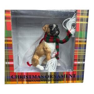 NEW Boxer Sandicast Fawn Dog Ornament wearing Christmas Scarf Holiday Tree Decor